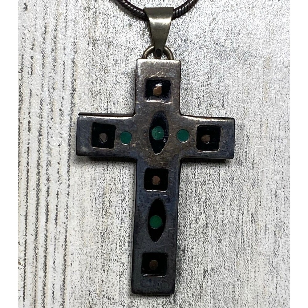 Vtg Taxco Mexico Sterling Silver Cross Pendant Multicolor Inlay 925 Italy Chain